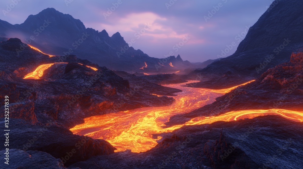 Fototapeta premium Molten Lava Flow Through Rugged Hills at Dusk 