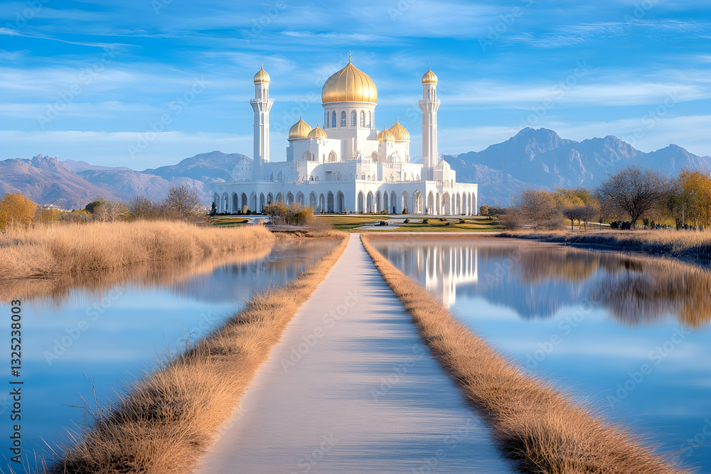 Fototapeta premium Majestic mosque with a pathway reflecting on calm water. Tranquil morning light on a beautiful landmark