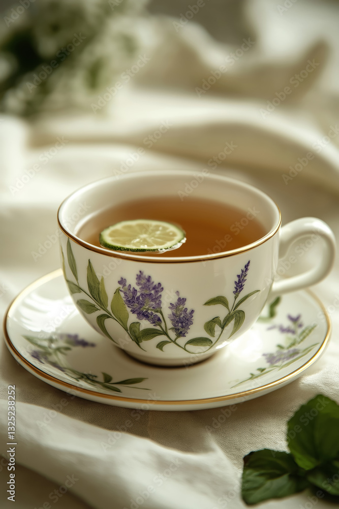 herbal tea served in porcelain teacup decorated with lavender pattern on soft pastel tones placed beside fresh mint leaf delicate floral details calming cozy drink herbal tea served in porcelain teacup decorated with lavender pattern on soft pastel tones placed beside fresh mint leaf delicate floral details calming cozy drink
