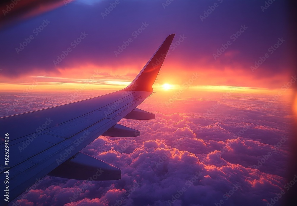 Obraz premium Stunning Sunset View from Airplane Window Over Clouds, Vibrant Colors of Pink, Orange, and Purple in Sky, Travel Inspiration for Adventurers and Dreamers
