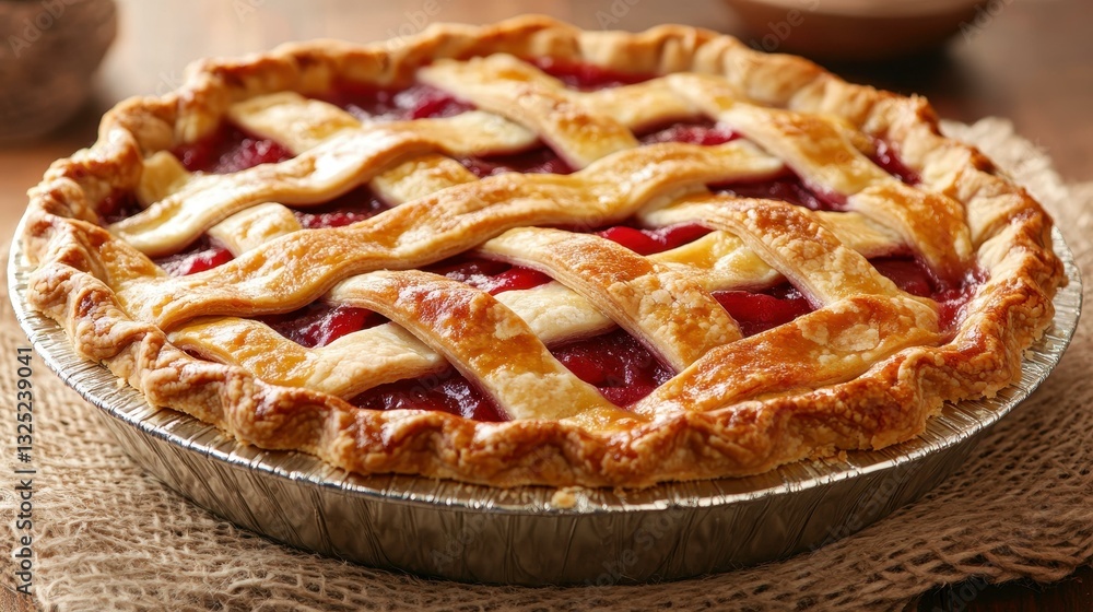 A delicious pie featuring a beautiful lattice crust, perfectly baked and resting on a clean, minimalist background. A delicious pie featuring a beautiful lattice crust, perfectly baked and resting on a clean, minimalist background.
