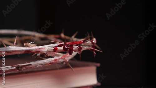 Crown of thorns bleeding on bible symbolizing sacrifice and redemption