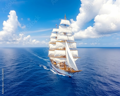 Majestic sailing ship glides across azure ocean, white sails billowing against vibrant sky