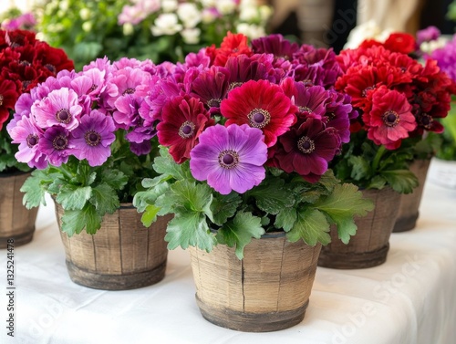 Wallpaper Mural Vibrant Blooming Anemone Flowers in Rustic Wooden Pots on Bright Table Surrounded by Green Leaves and Floral Decor Torontodigital.ca