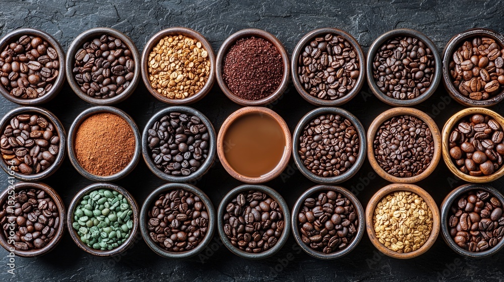 Assorted coffee beans, grounds, and brew in bowls. Assorted coffee beans, grounds, and brew in bowls.