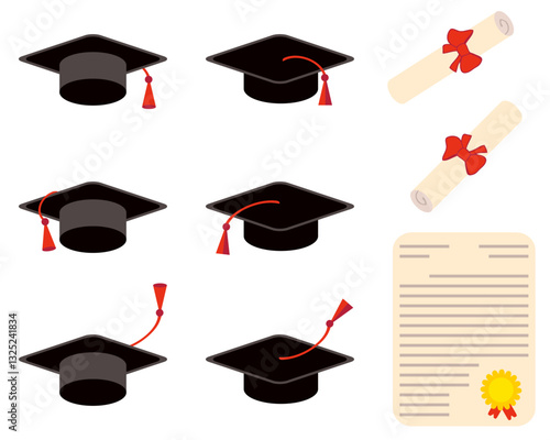 Graduation caps and diploma certificate clipart collection. Perfect for stickers, labels, cards. Hand drawn vector illustration.