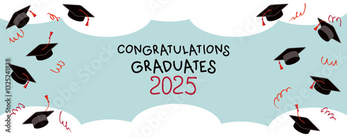 Congratulations graduates 2025 graduation caps on blue sky background banner. Festive design for college, high school, university. Hand drawn vector illustration.