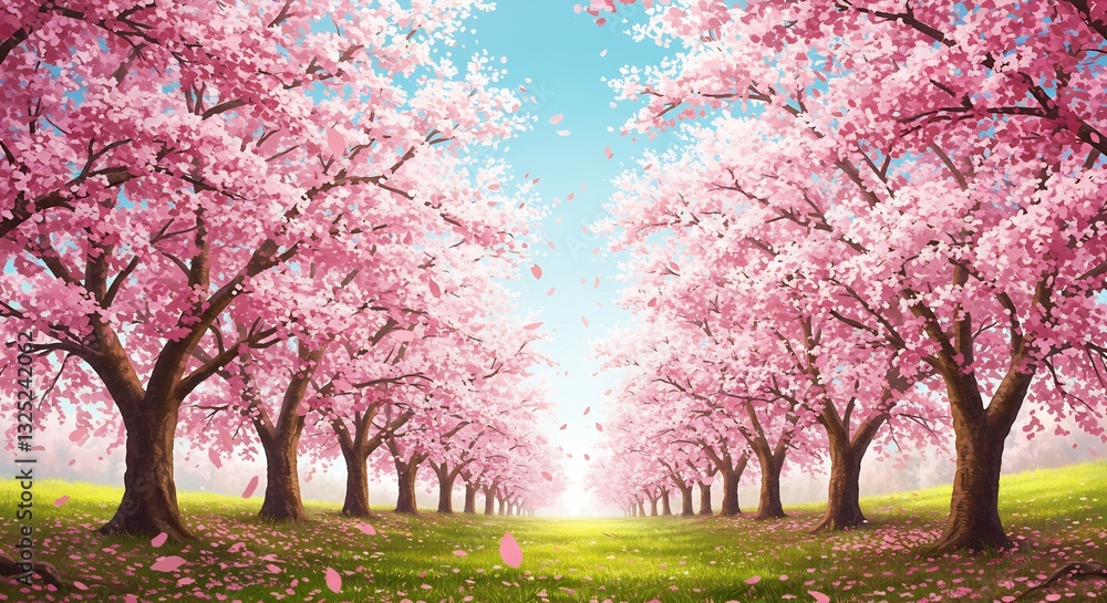 Serene pink blossoms softly falling peaceful spring path. AI Generated Serene pink blossoms softly falling peaceful spring path. AI Generated