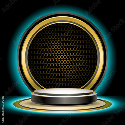 Podium with black background and golden circle. Vector illustration.