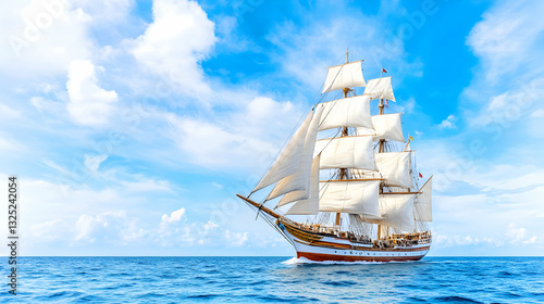 Majestic sailing ship on open water, under a vibrant sky