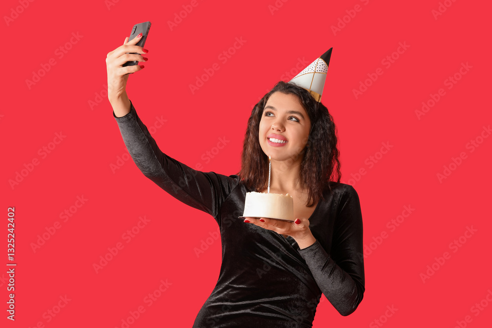 Φωτογραφία Beautiful young woman in party hat with sweet cake celebrating Birthday and taki