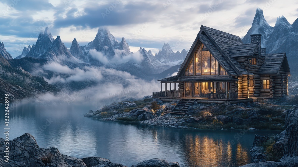 Fototapeta premium A rustic log cabin with huge windows and a wraparound porch, overlooking a tranquil lake surrounded by sharp mountains