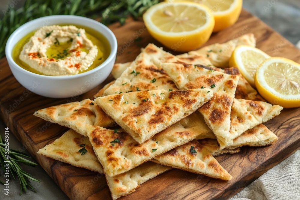 Freshly Baked Flatbread Served with Creamy Hummus and Slices of Lemon on Wooden Board, Perfect for Appetizers and Dips Freshly Baked Flatbread Served with Creamy Hummus and Slices of Lemon on Wooden Board, Perfect for Appetizers and Dips