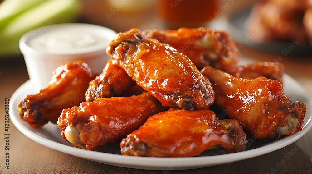 Spicy Wing Feast A plate of crispy chicken wings coated in a spicy buffalo sauce with ranch dip Spicy Wing Feast A plate of crispy chicken wings coated in a spicy buffalo sauce with ranch dip