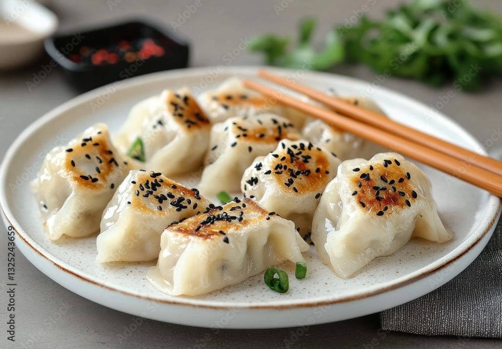 Deliciously Golden Pan-Fried Dumplings Served on a White Plate with Green Garnishes and Chopsticks on a Soft Gray Background Deliciously Golden Pan-Fried Dumplings Served on a White Plate with Green Garnishes and Chopsticks on a Soft Gray Background