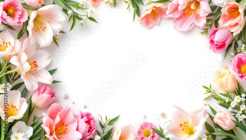 Wallpaper Mural Elegant Easter Floral Frame: Pink Tulips & Lilies Spring Background - high Quality Premium collection Torontodigital.ca