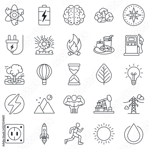 Energy icons set, Included icons as Atom, Battery, Geothermal Vent, Power Line and more symbols collection, logo isolated vector illustration