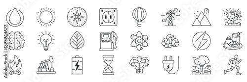 Energy icons set, Included icons as Atom, Battery, Geothermal Vent, Power Line and more symbols collection, logo isolated vector illustration