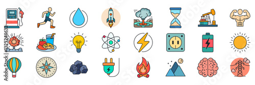 Energy icons set, Included icons as Atom, Battery, Geothermal Vent, Power Line and more symbols collection, logo isolated vector illustration