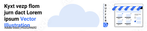 Cloud in the center, text blocks to the left, shopfront interface to the right, perfect for software, digital products, online services, startups, cloud computing, marketing remote work