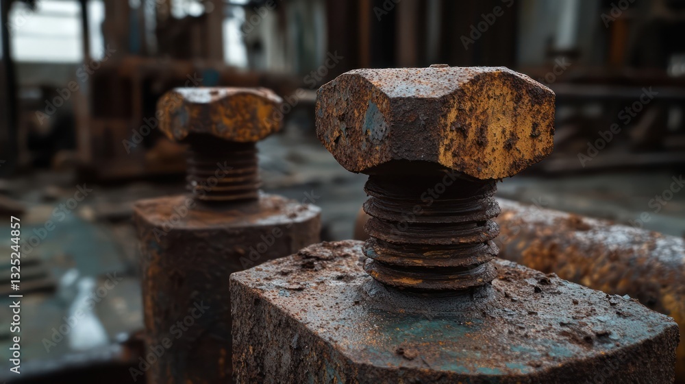 Two very large rusty bolts with weathered and deteriorated surfaces Two very large rusty bolts with weathered and deteriorated surfaces