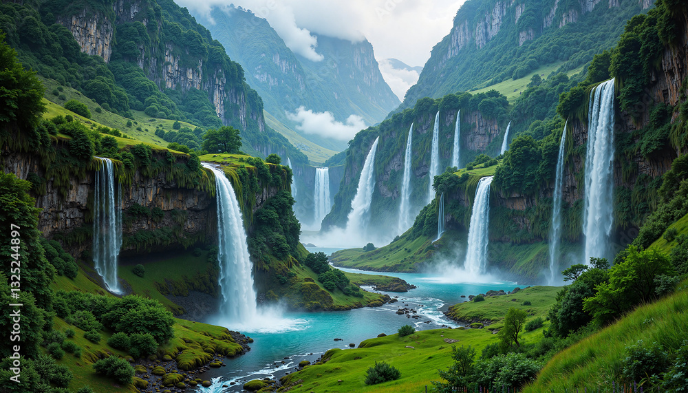 Fototapeta premium Breathtaking waterfalls cascading into turquoise river in lush green valley