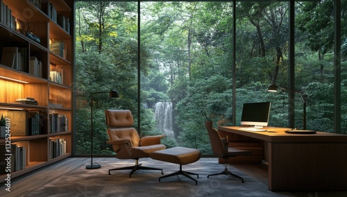 Fototapeta Naklejka Na Ścianę i Meble -  Modern home office with waterfall view, reading nook, and bookshelves