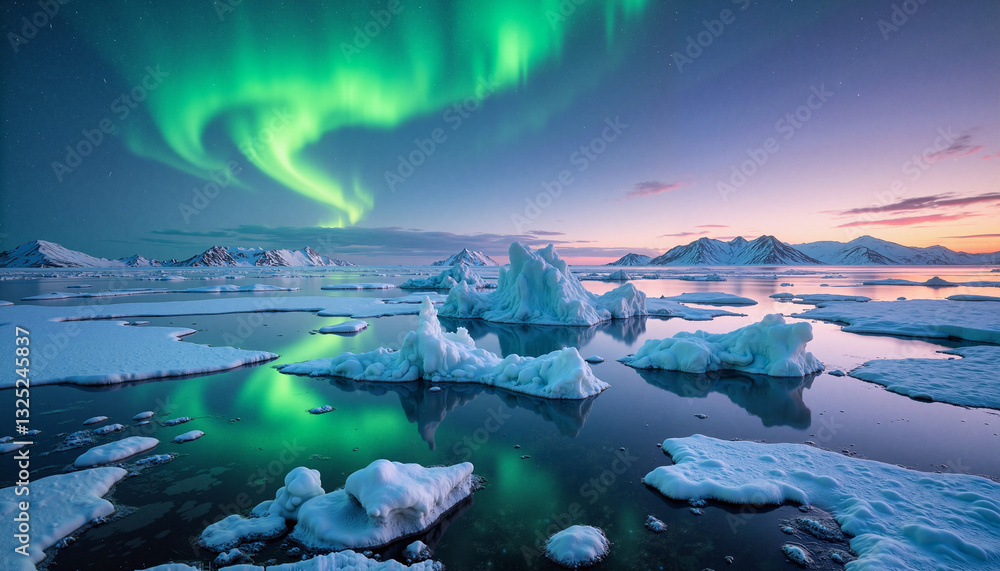Naklejka premium Aurora borealis illuminating icebergs in frozen landscape