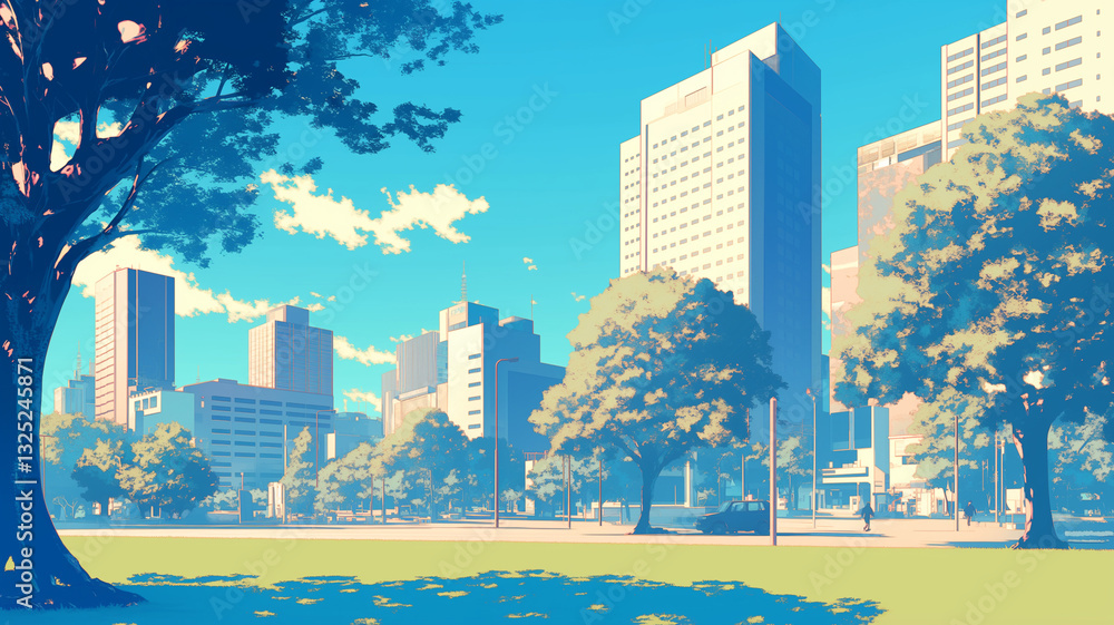 Obraz premium 近未来の都市公園|高層ビル群と自然が織りなす美しい風景|透明感のある青空と緑豊かな公園が広がる都会のオアシス
