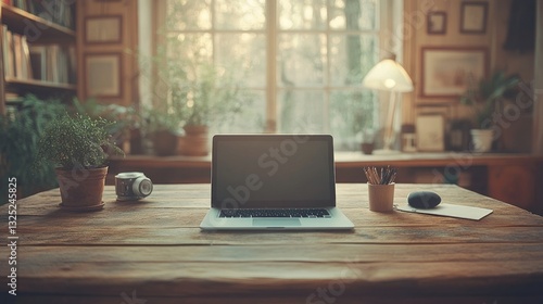 Wallpaper Mural Laptop on rustic wooden desk, sunlit room, plants Torontodigital.ca