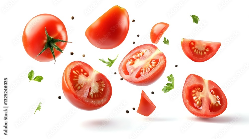 Whole and sliced fresh tomatoes in the air Whole and sliced fresh tomatoes in the air