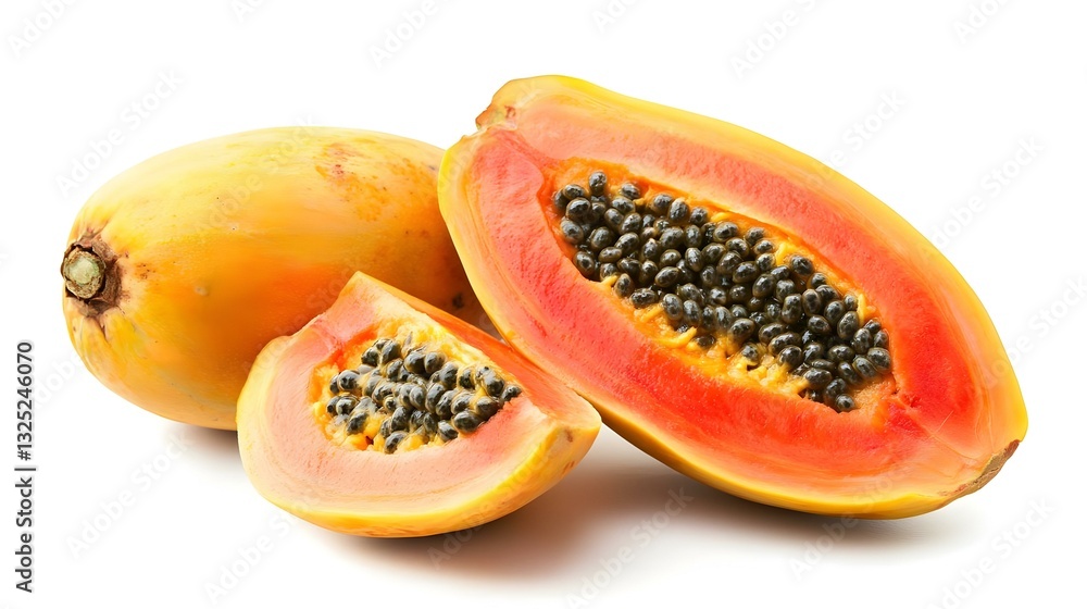 whole and half of ripe papaya fruit with seeds whole and half of ripe papaya fruit with seeds