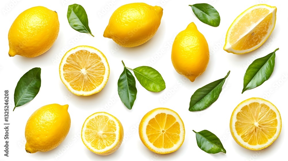 Set of lemons and leaves isolated on white Set of lemons and leaves isolated on white