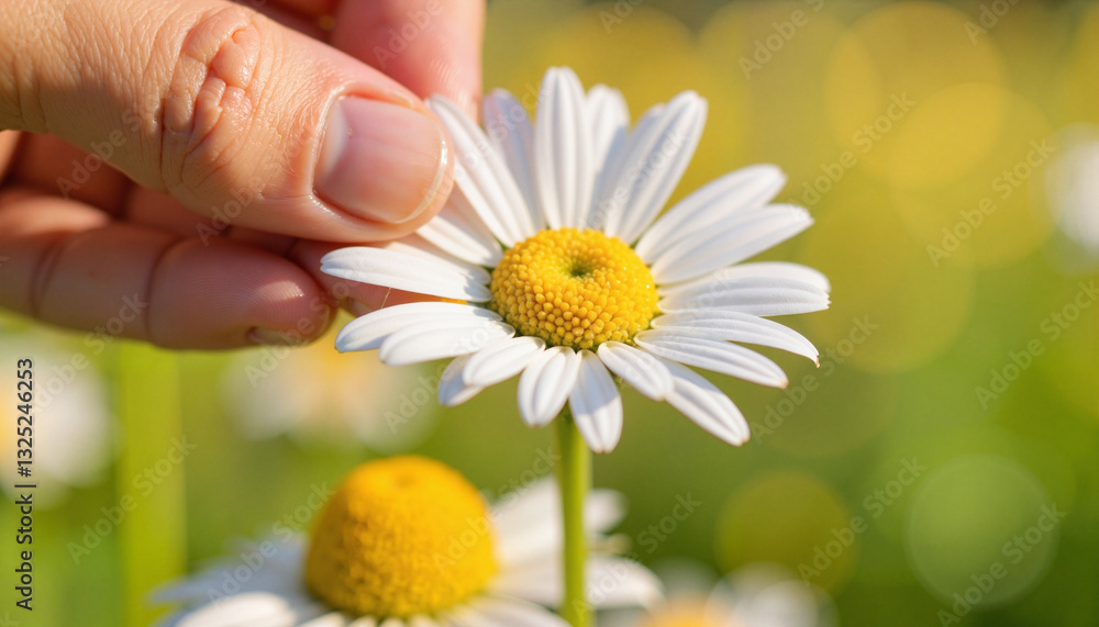 Hand gently picking a daisy flower in a sunny field Hand gently picking a daisy flower in a sunny field