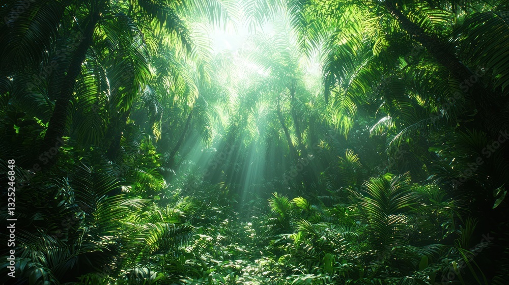 Obraz premium Sunbeams pierce dense jungle canopy.