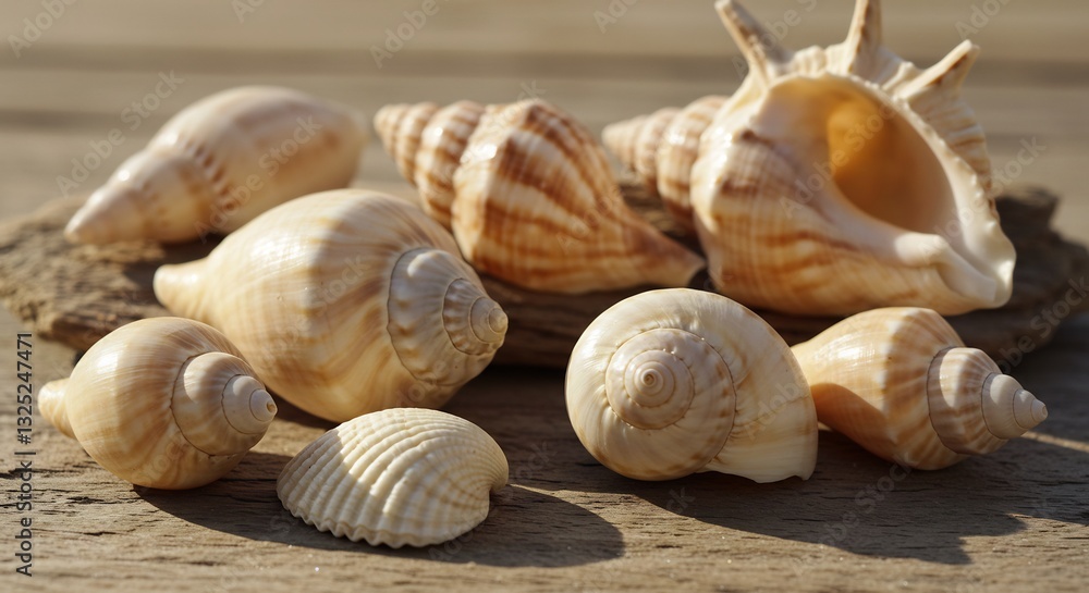 Seashells gleam softly sunlit wood. AI Generated Seashells gleam softly sunlit wood. AI Generated