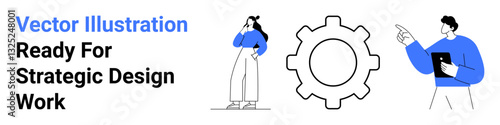 Person thinking with hand on chin, large cogwheel representing ideas, team member holding tablet and pointing. Ideal for teamwork, planning, innovation, collaboration, strategy, brainstorming flat