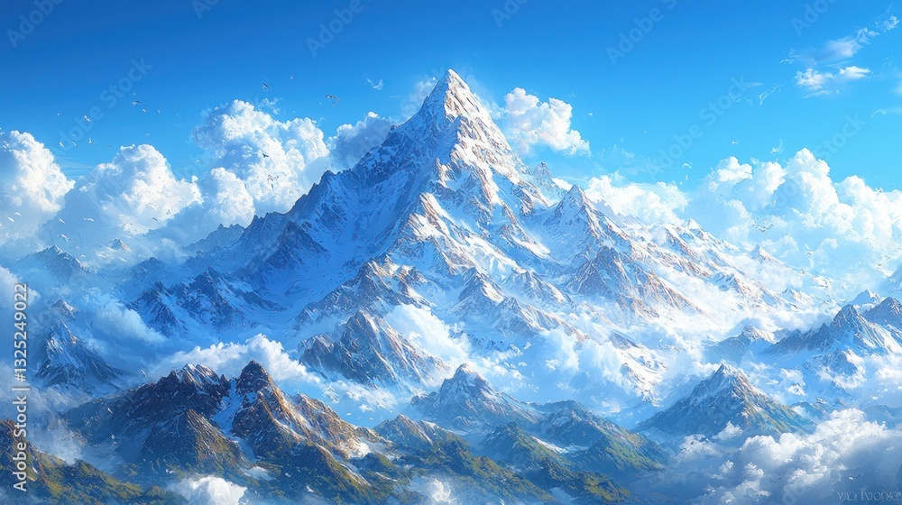 Obraz premium Majestic snow-capped mountain peak soaring above clouds.