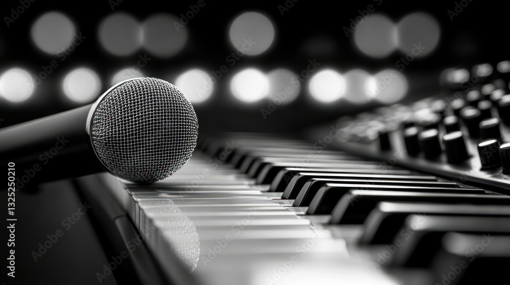 Microphone on keyboard in a music studio Microphone on keyboard in a music studio