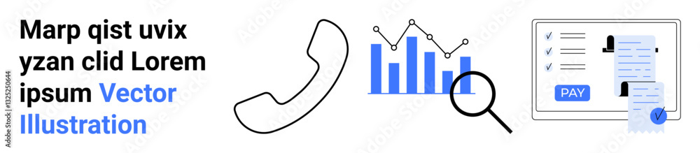 Telephone receiver, bar graph with magnifying glass, and payment document. Ideal for communication tools, business analytics, financial operations, digital transactions, corporate processes Telephone receiver, bar graph with magnifying glass, and payment document. Ideal for communication tools, business analytics, financial operations, digital transactions, corporate processes