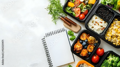 Lunch boxes with appetizing food and notebook