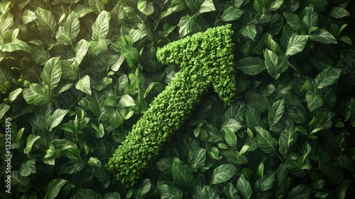 A vibrant green arrow formed by lush green leaves emerging from a lively natural landscape of flora and foliage