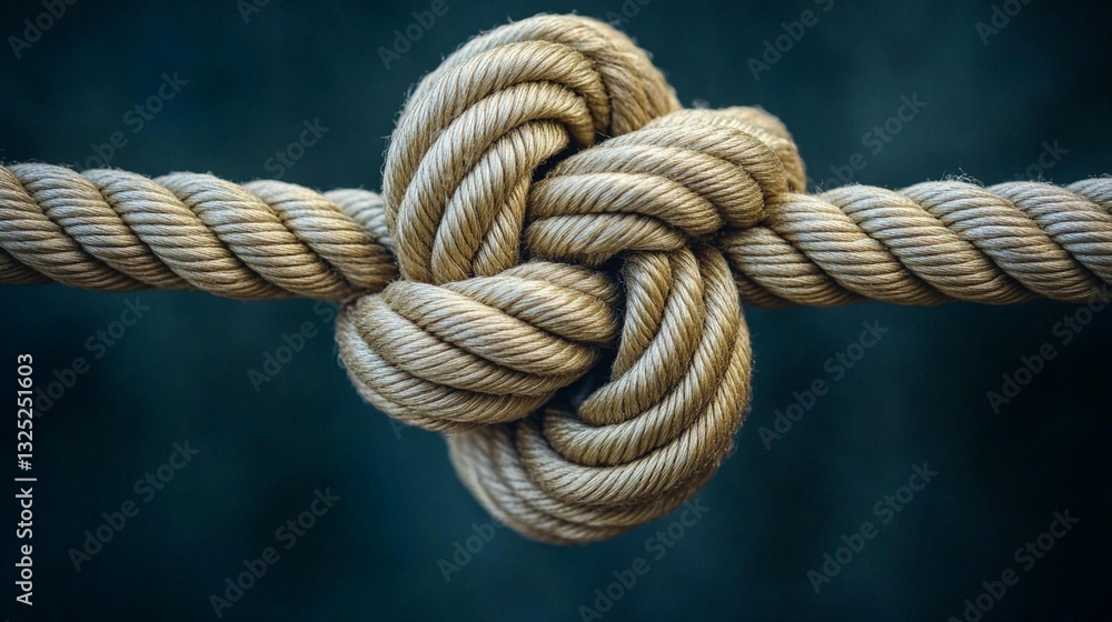 Close-up of a complex knot tied in a thick beige rope against a dark background. Close-up of a complex knot tied in a thick beige rope against a dark background.