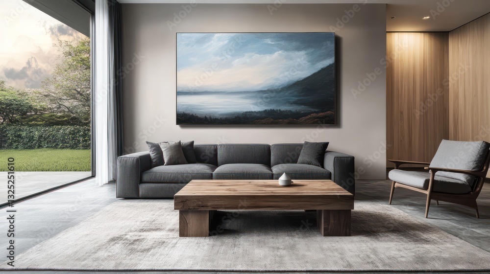 Fototapeta premium A spacious living room with a charcoal gray sofa and a rustic wooden coffee table