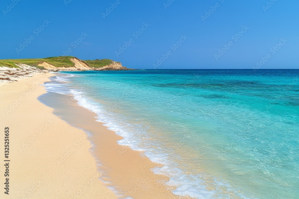Serene Tropical Beach with Soft White Sand and Clear Turquoise Water Under a Bright Blue Sky on a Sunny Day Serene Tropical Beach with Soft White Sand and Clear Turquoise Water Under a Bright Blue Sky on a Sunny Day