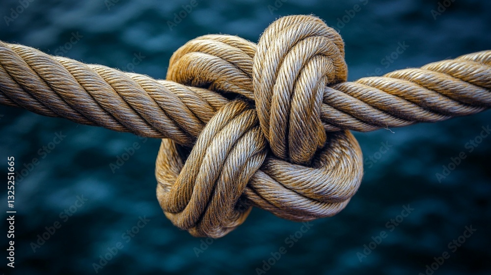 Close-up of a complex knot tied in a thick, braided rope against a blurred dark-blue background. Close-up of a complex knot tied in a thick, braided rope against a blurred dark-blue background.