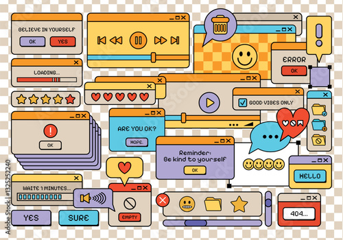 Retro style Y2K UI and UX windows elements flat set. Retro frames and computer game elements. Nostalgic style of 80s, 90s. Cartoon Old computer screen. Retro vector windows Vaporwave.