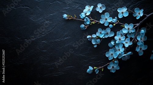 Blue Flowers on a Branch Against a Black Background / 黒い背景に咲く青い花の枝