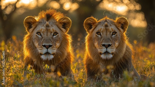 Two majestic lions in golden sunset light.