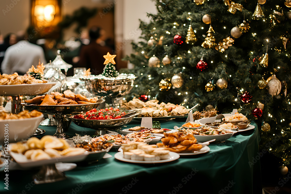 Festive Feast: A lavish display of delectable food and treats, beautifully arranged on a table adorned with a Christmas tree. Festive Feast: A lavish display of delectable food and treats, beautifully arranged on a table adorned with a Christmas tree.